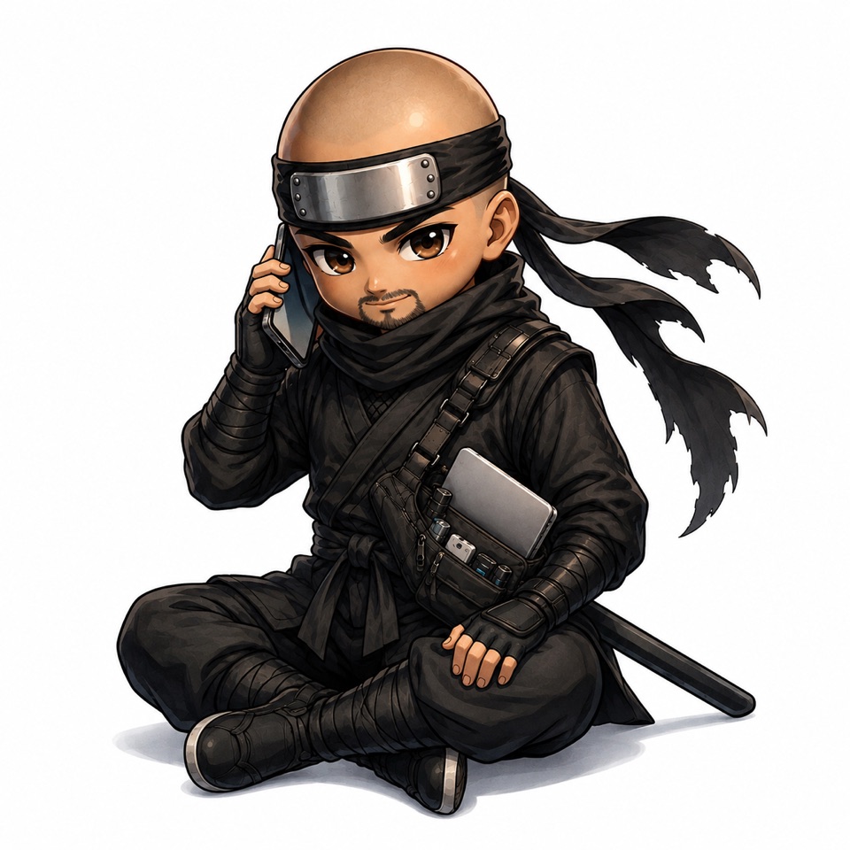 Den DigiFix-Ninja telefonéiert nieft sengem Computer.