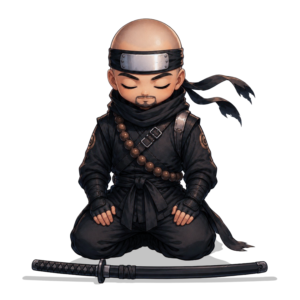 Den DigiFix-Ninja meditéiert roueg, wärend sech digital Problemer ronderëm hie sammelen.